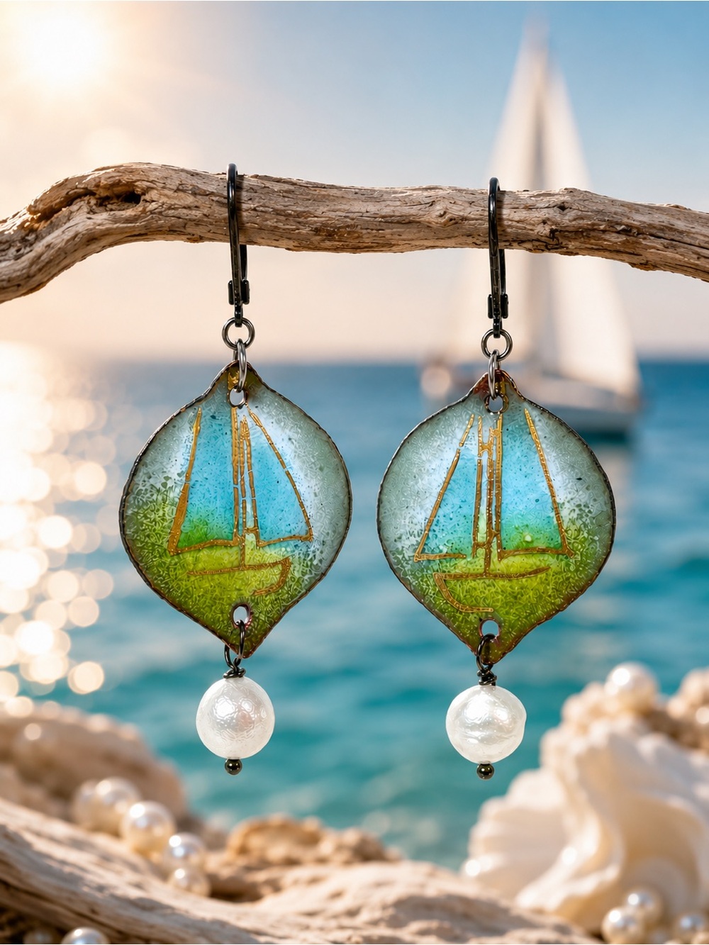 Hand Painted Enamel Freshwater Pearl Earrings, Artisan Blue Dangle